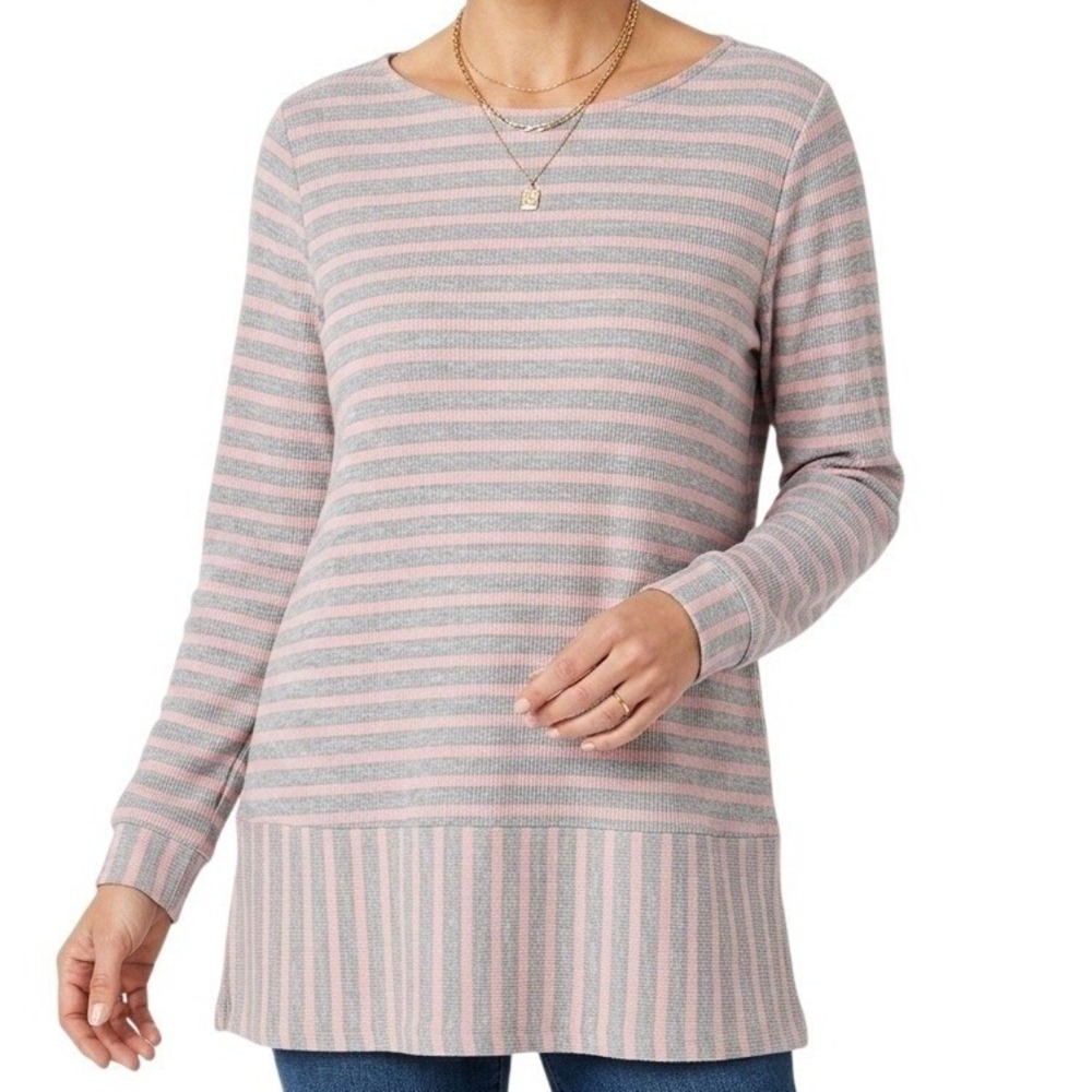 Soft Surroundings Tunic Top Womens XL Pink Grey Striped Waffle Knit